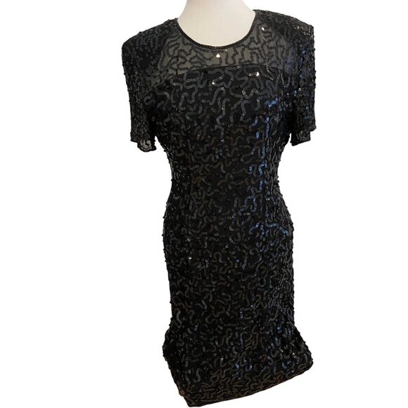 NWT Vintage Principles Black Cocktail Dress Silk Sequin Short Sleeve Sheer Back - Picture 1 of 16